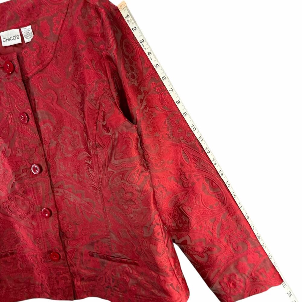 Chicos Textured Jacket Womens XL 3 Red Floral Paisley Button Up Romantic Holiday - Picture 9 of 14